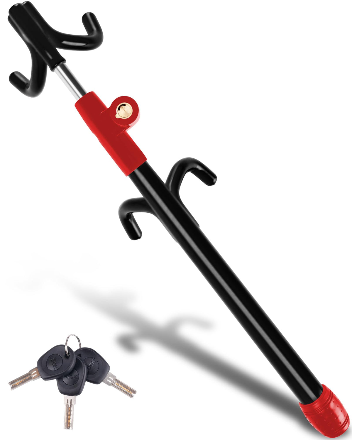 Tevlaphee steering lock on wheel showing universal fit for many vehicles.