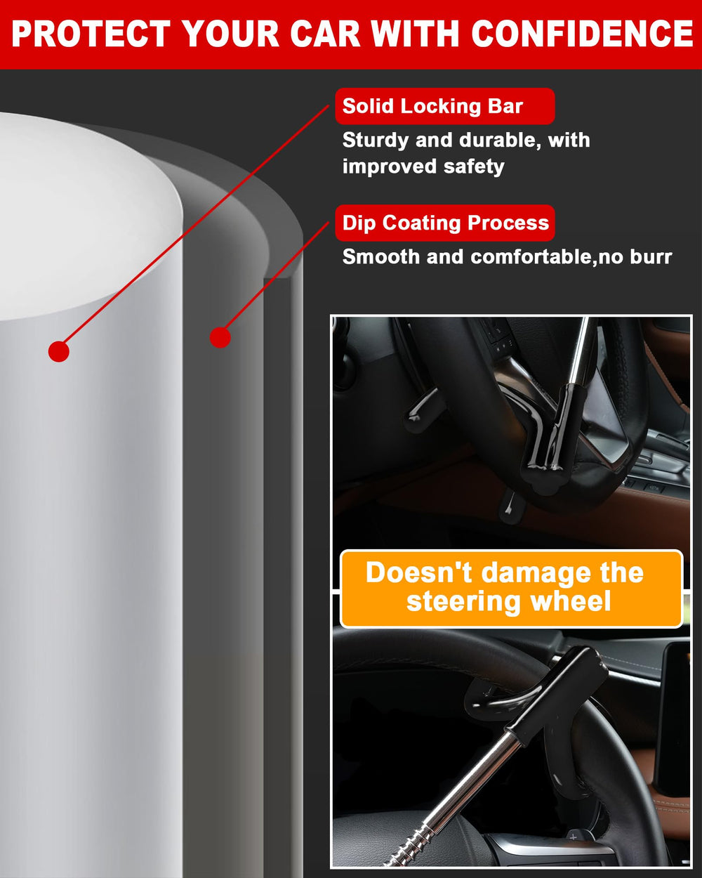 Tevlaphee steering lock bright design serves as a theft deterrent.