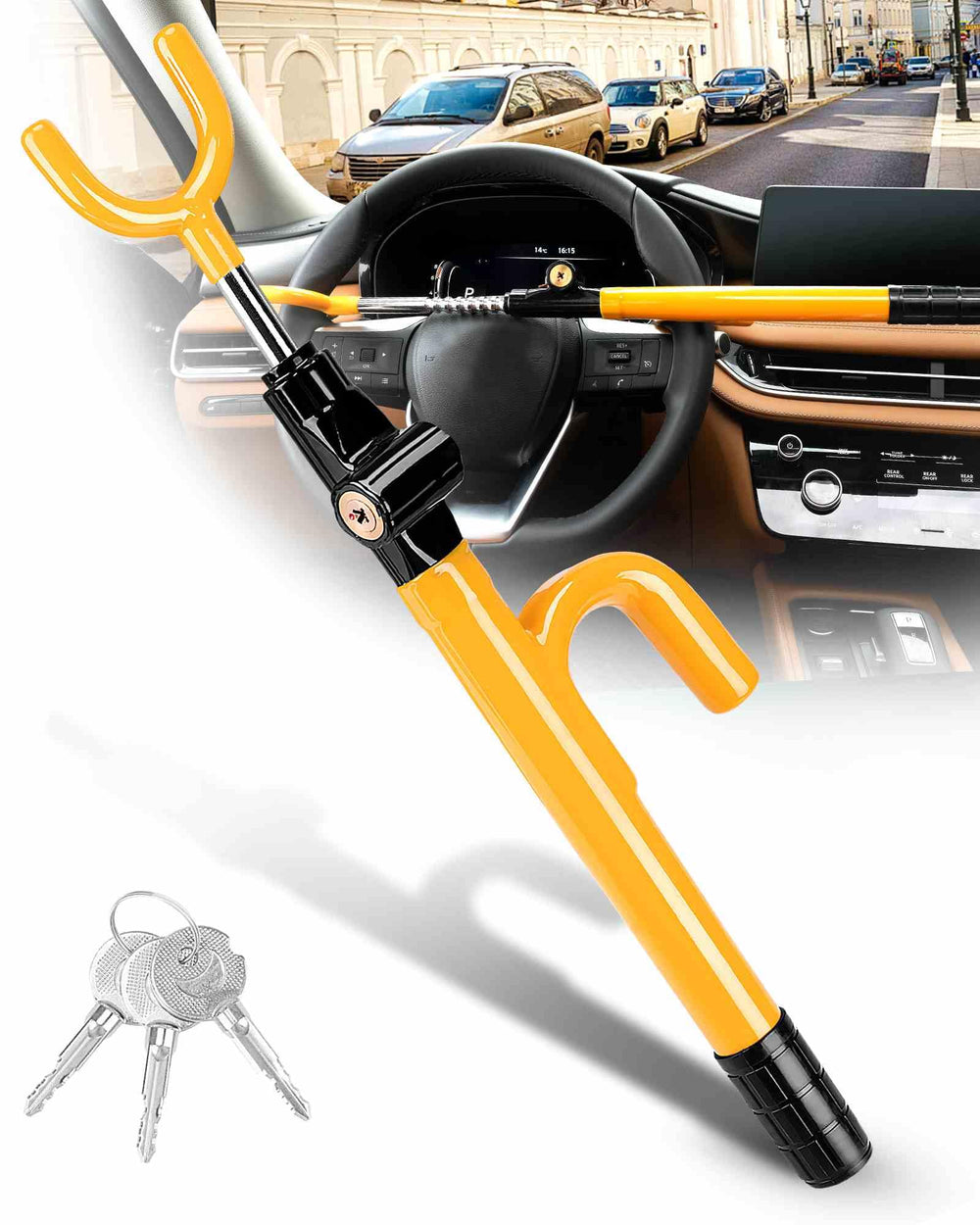 Tevlaphee steering lock in yellow mounted on a car steering wheel for visible deterrence.