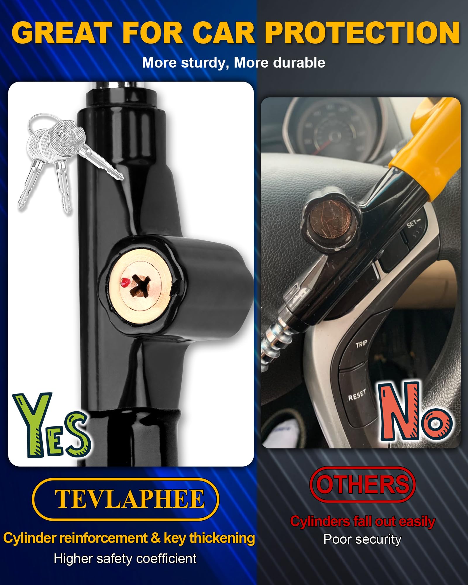 Tevlaphee steering wheel lock durable steel and plastic for weather-ready security.