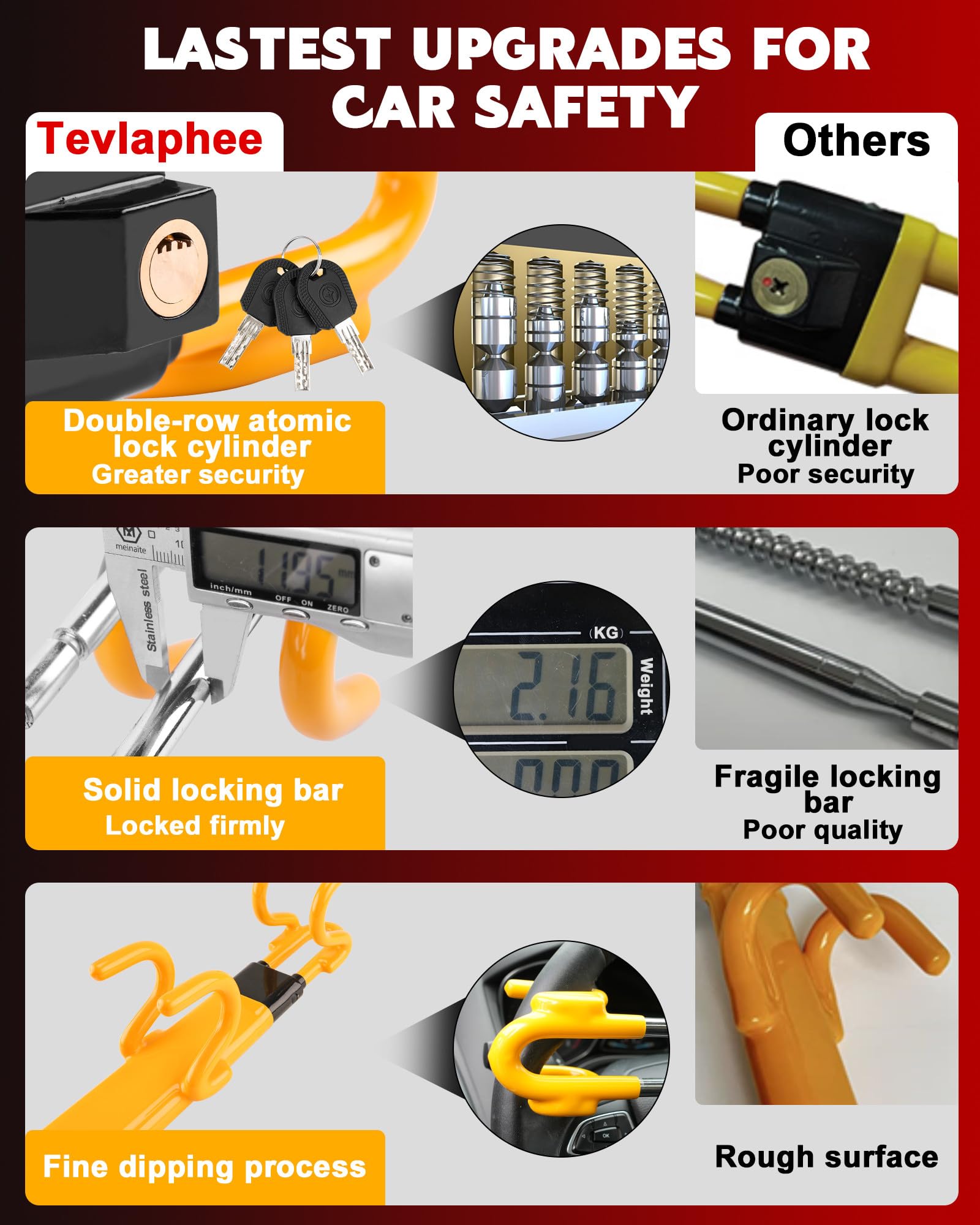 Bright yellow Tevlaphee steering wheel lock increases visibility to deter thieves.