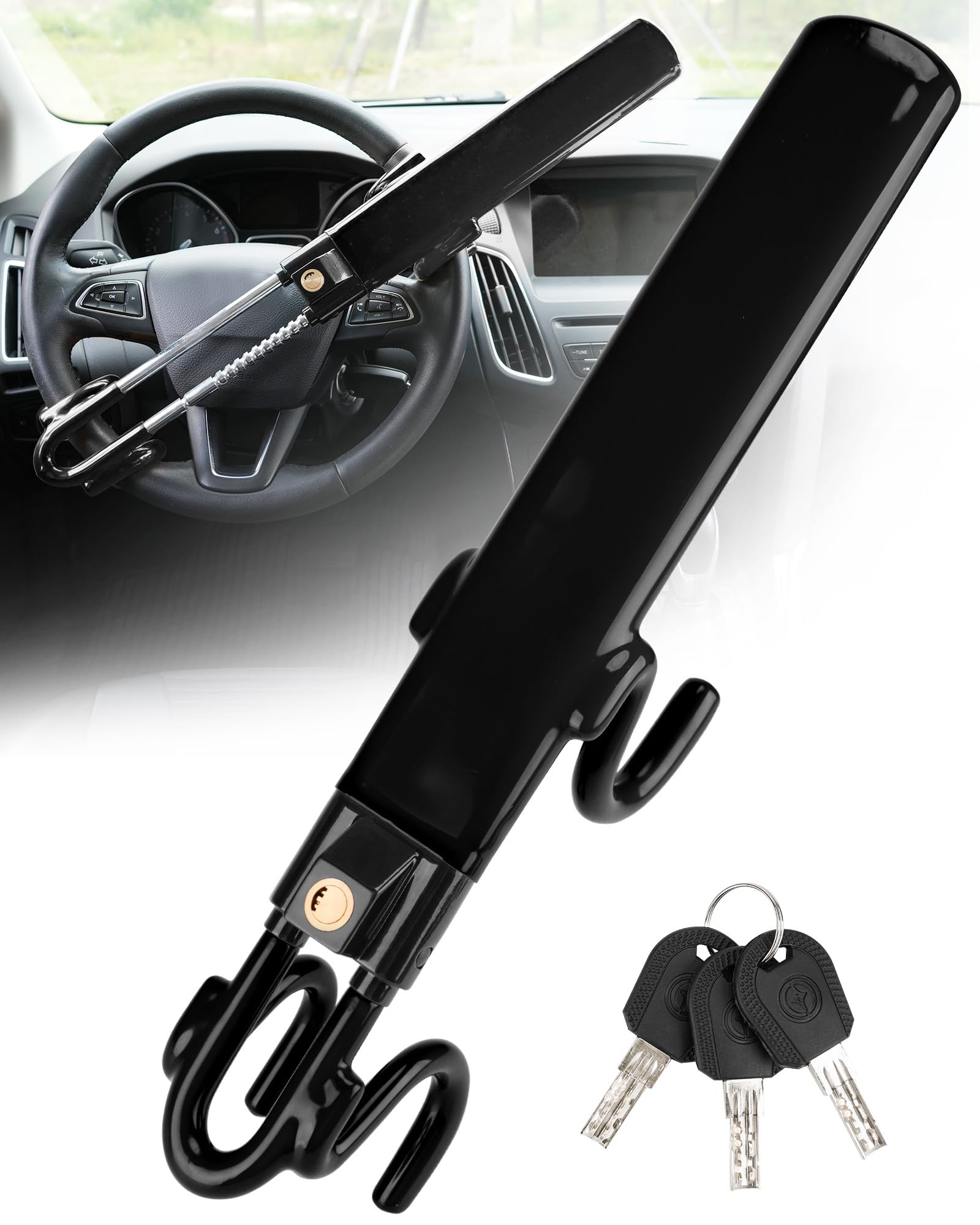 Tevlaphee steering wheel lock displays four hooks and twin bars for secure grip.