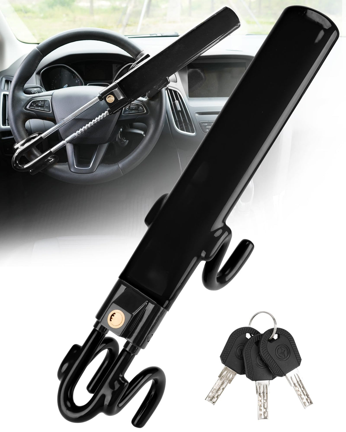 Tevlaphee steering wheel lock displays four hooks and twin bars for secure grip.