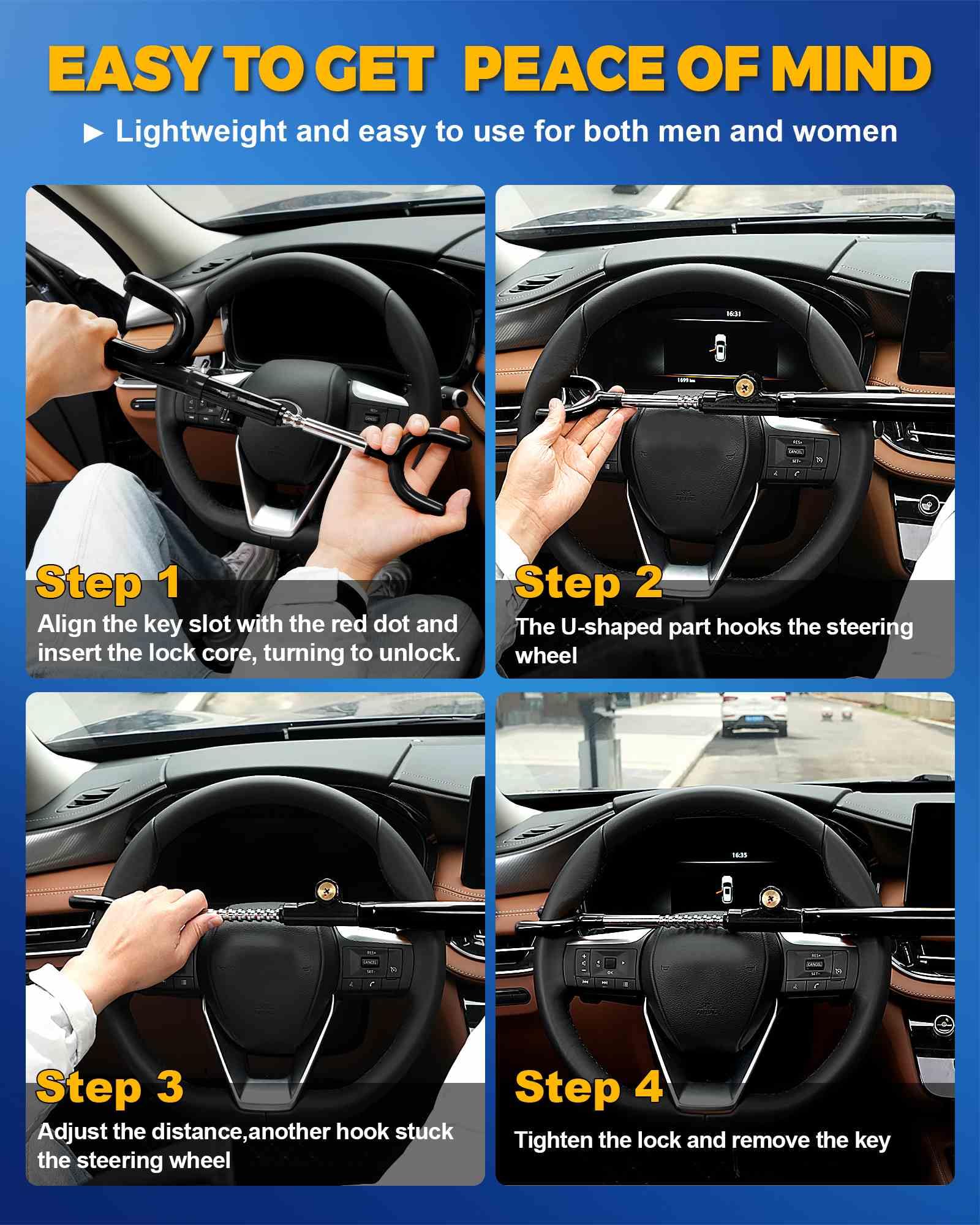 Tevlaphee steering wheel lock in action deters opportunistic theft.