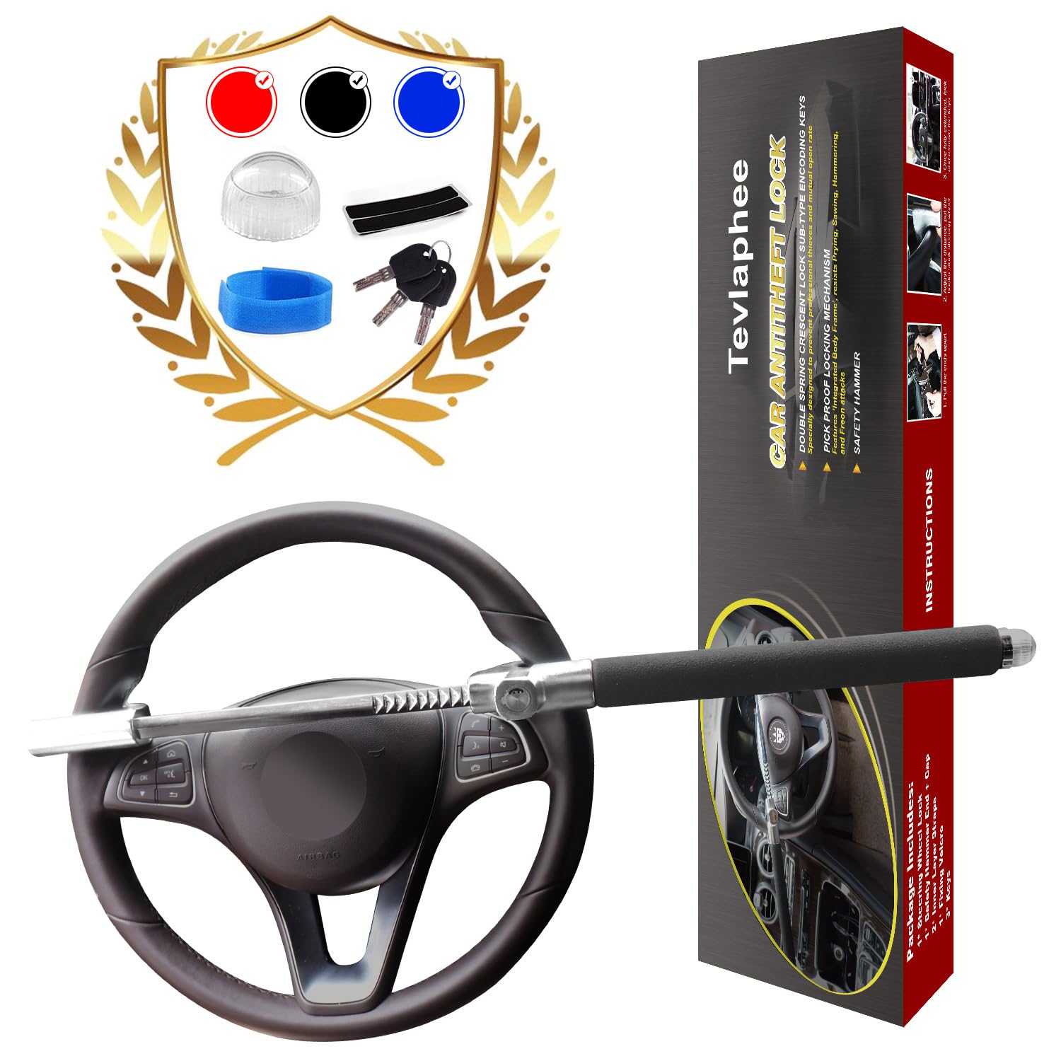 Tevlaphee steering wheel lock securely mounted on the wheel, acting as a strong theft deterrent.