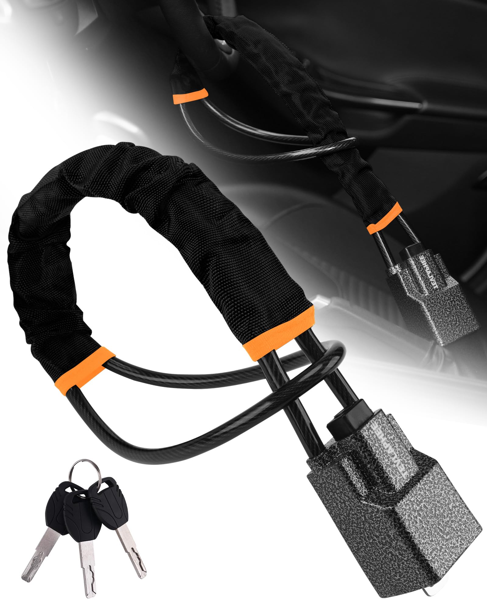 Tevlaphee steering wheel lock with durable metal shell for stronger protection.