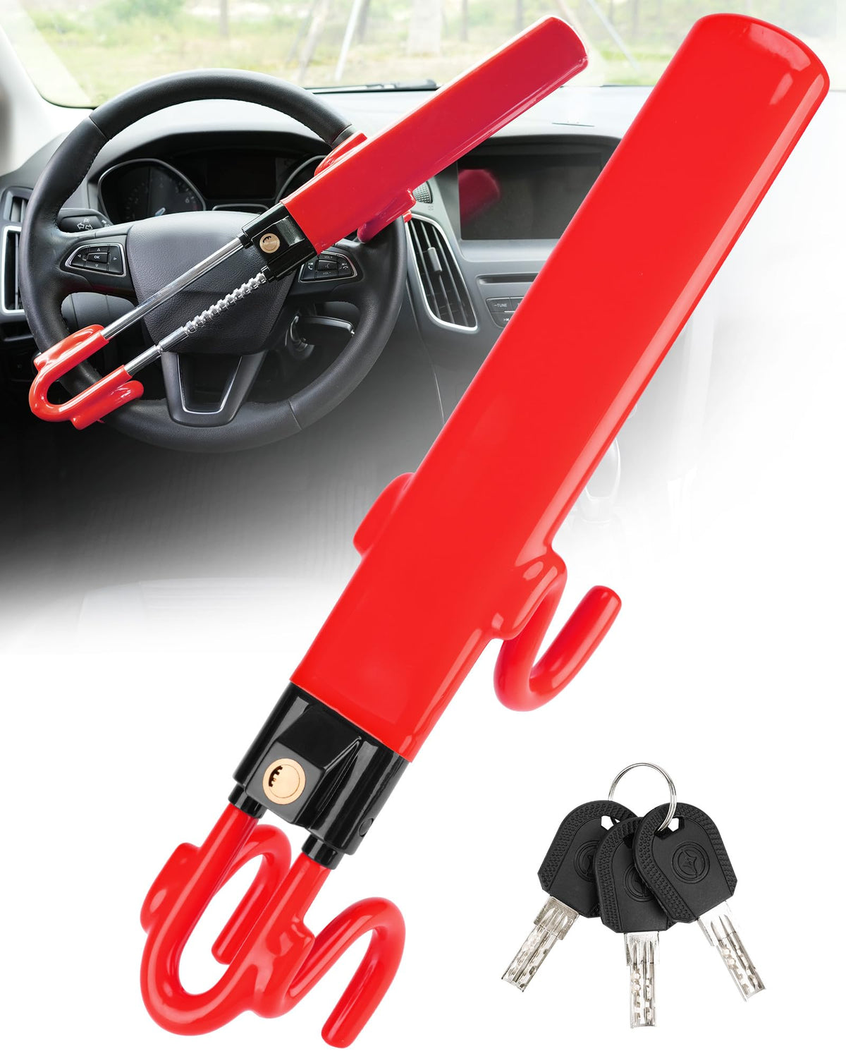 Tevlaphee steering wheel lock in red, front view showing visibility as a deterrent.