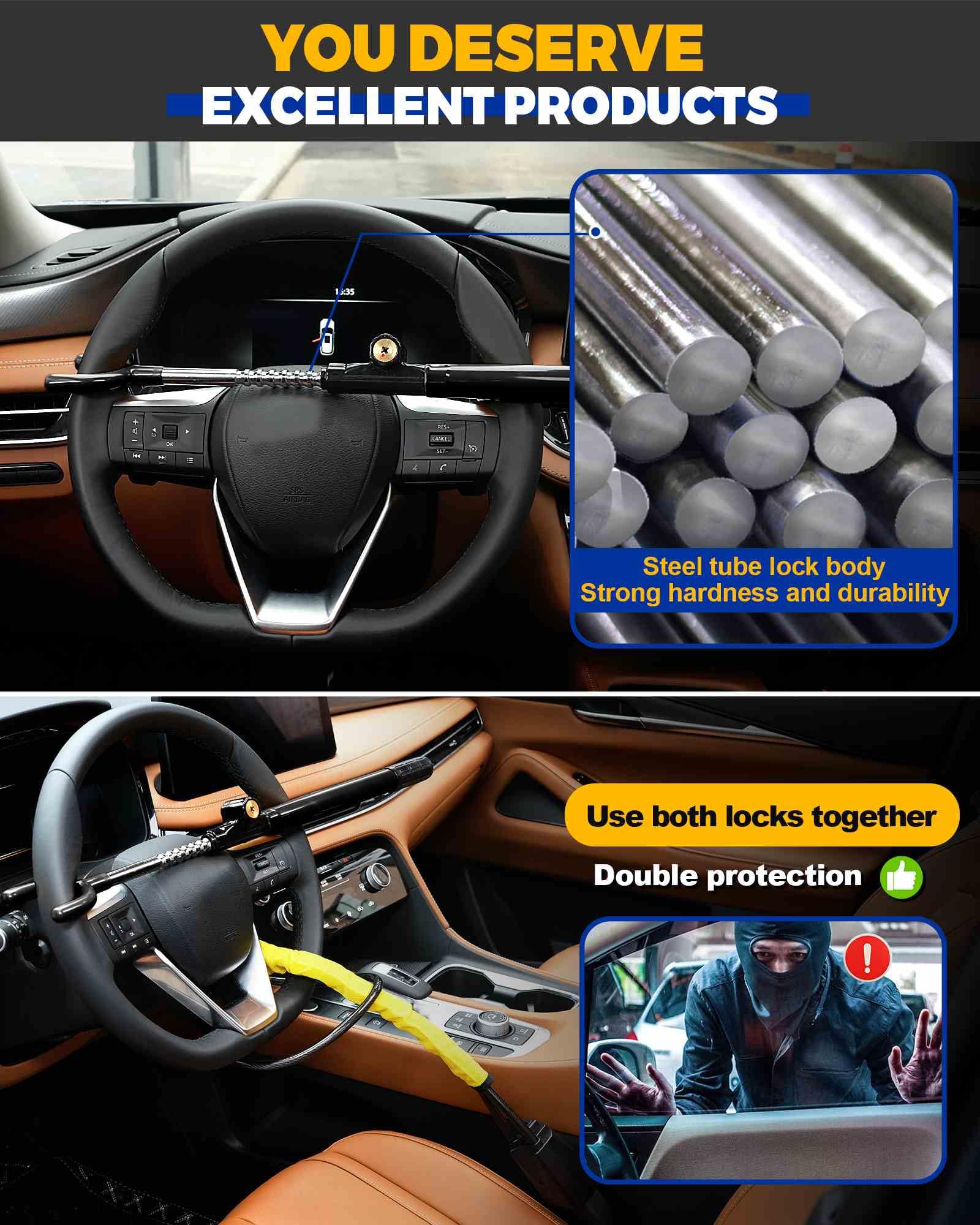Tevlaphee steering wheel lock stores compactly under seat or in door pocket.