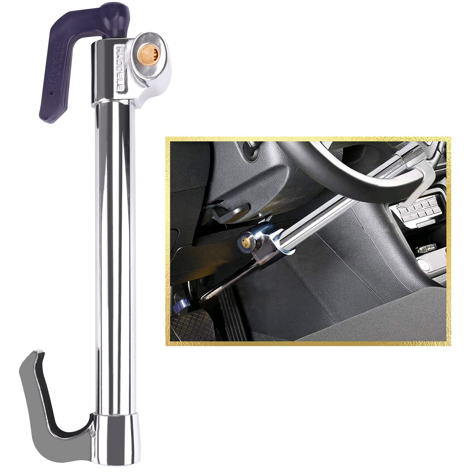 Tevlaphee universal steering lock with extended brake lock assembly protects against theft