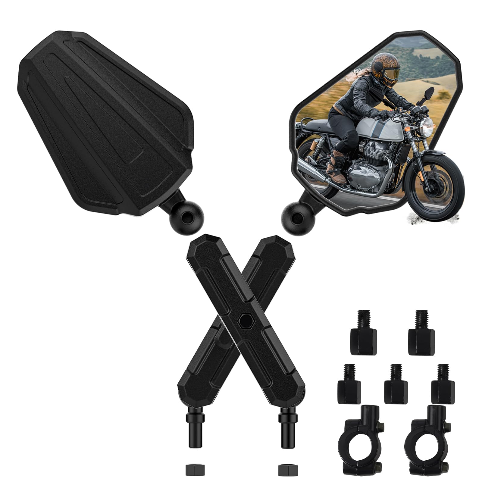 Tewgug adventure mirrors with ball-head for wobble-free rear view on rugged trails.