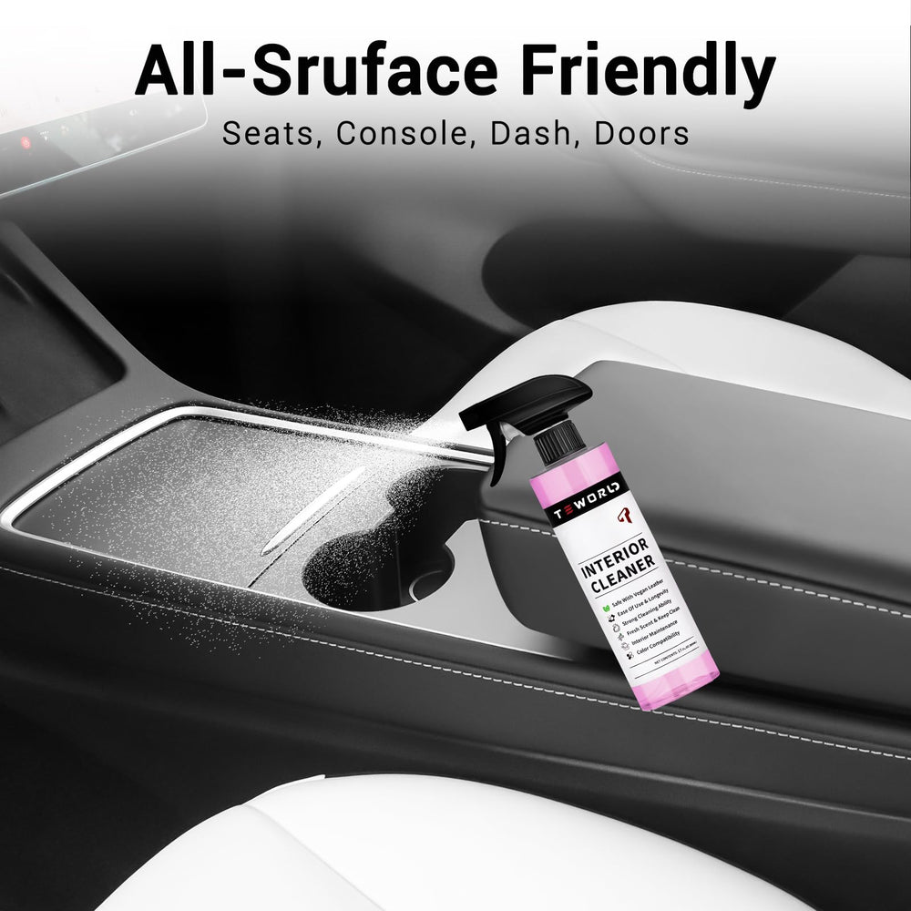 teworld Tesla dash and console cleaner spray reaches hard-to-clean areas with a fresh scent.