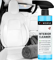 teworld Tesla Seat Cleaner bottle pour demonstrating quick stain lift on vegan leather.