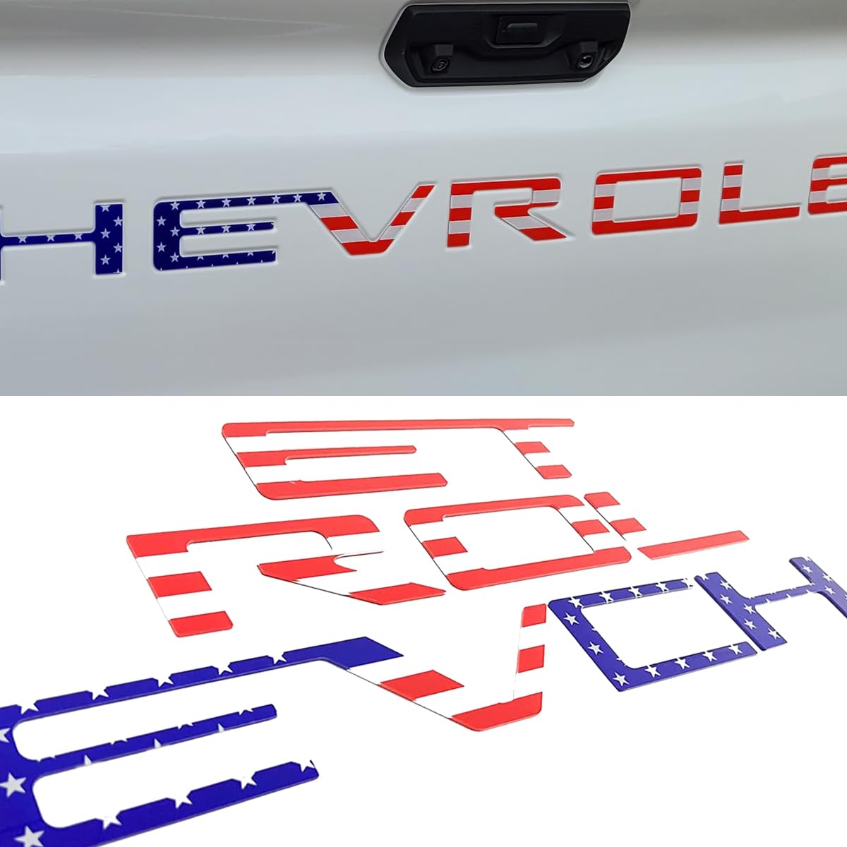 Texflic tailgate letters with American flag emblem enhance truck style and visibility.