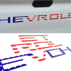 Texflic tailgate letters with American flag emblem enhance truck style and visibility.