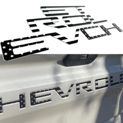 Texflic tailgate letters for Chevy Silverado with black American flag badge for durable rear customization