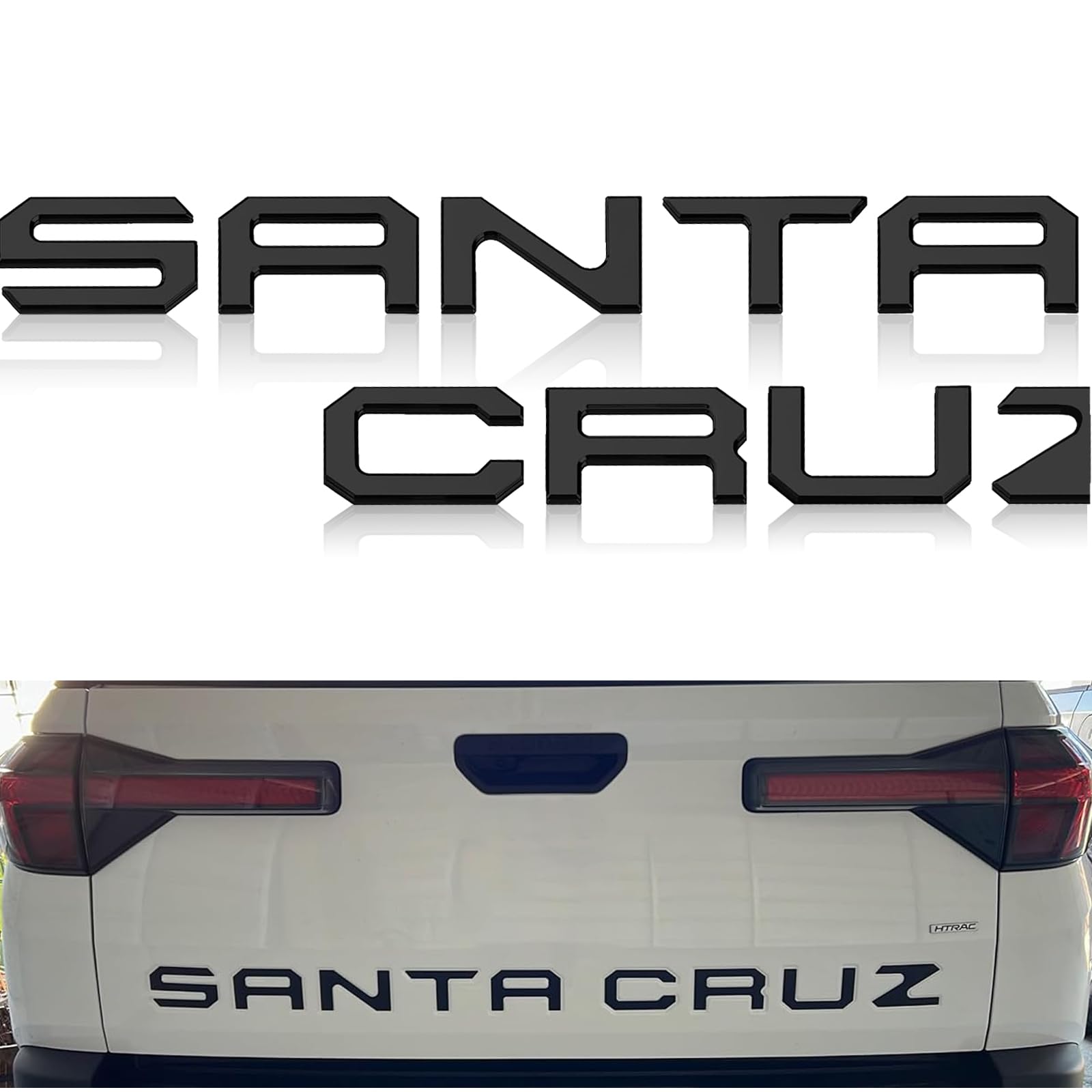 Texflic tailgate letters on Hyundai Santa Cruz, matte black emblem adds rugged style.