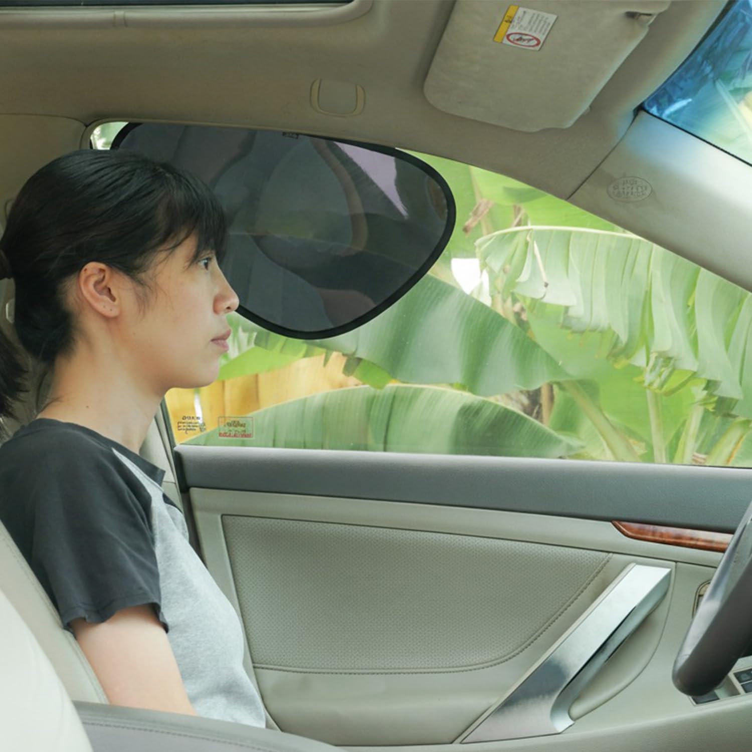 TFY car side window sun shade on left window blocking glare and reducing heat.