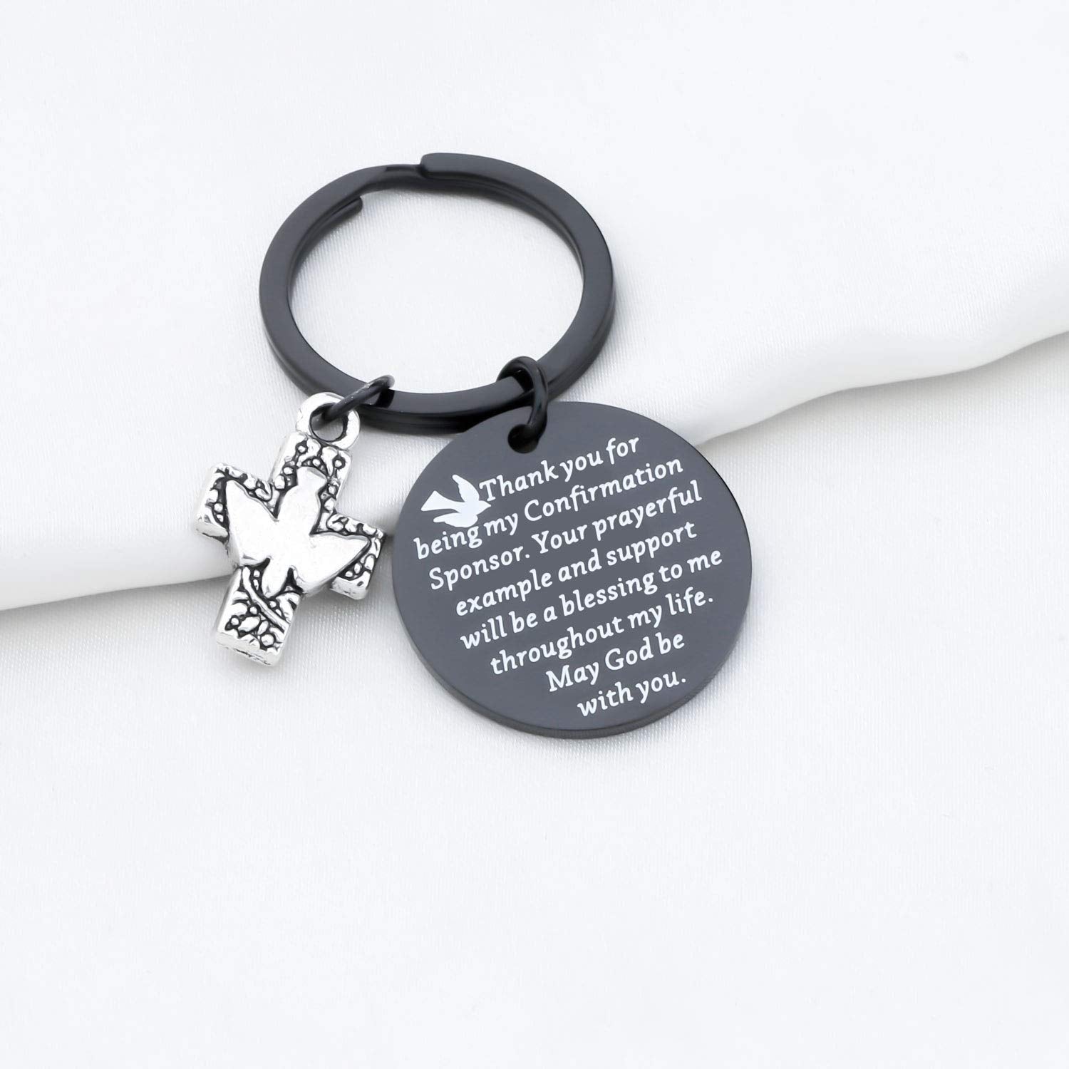 TGBJE Stainless steel confirmation keychain, tarnish-resistant design.