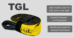 Reinforced loops on TGL tow strap for safe winching