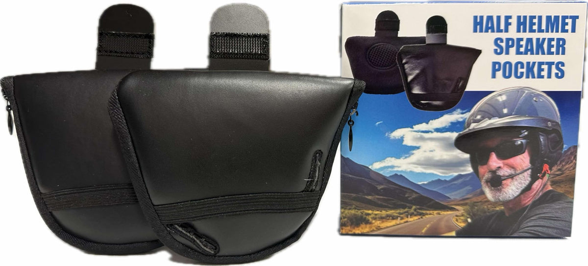 The Helmet Shop half helmet speaker pocket installed for secure audio on the move.