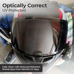 The Helmet Shop HJ-31 silver mirror visor close-up highlights glare-reducing tint