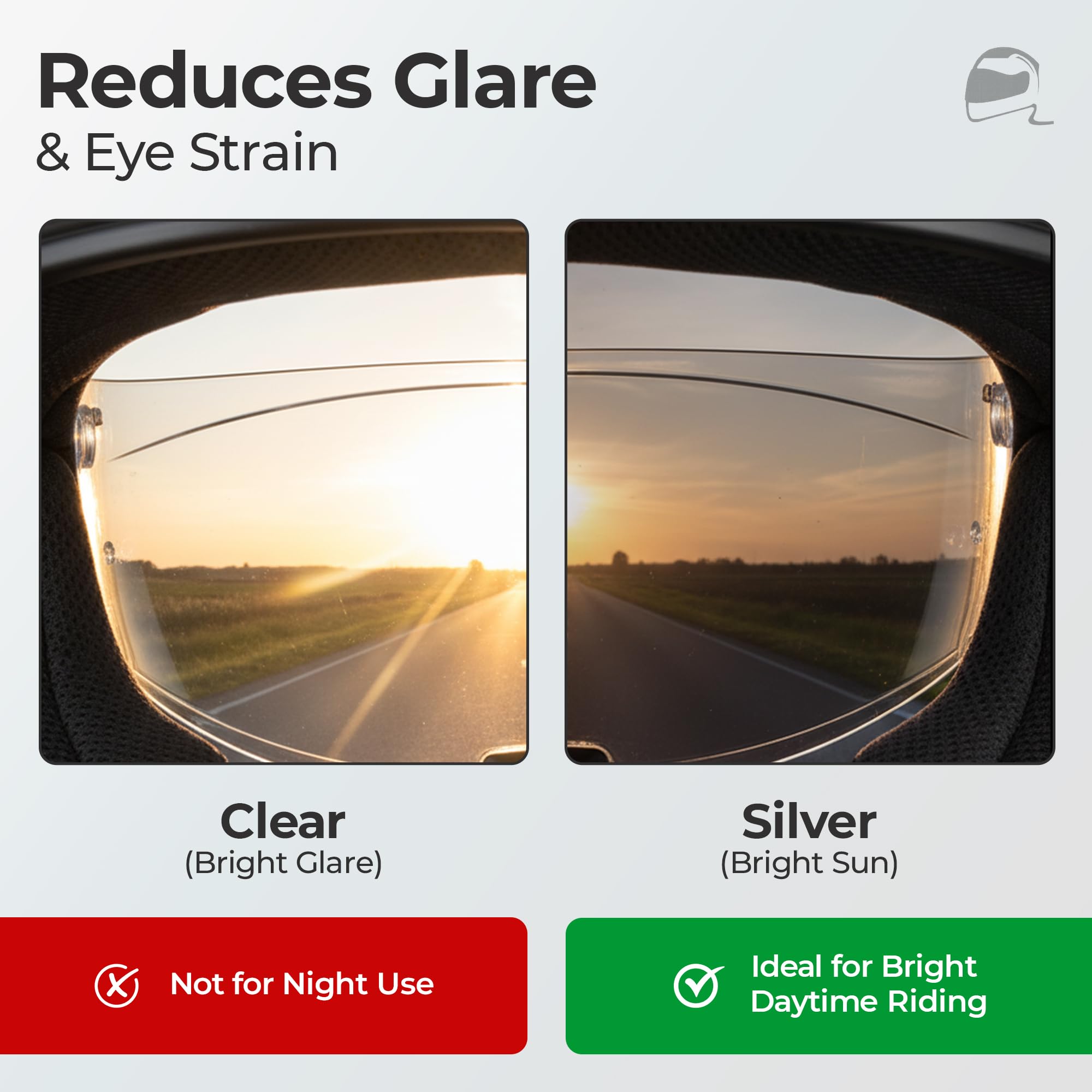 The Helmet Shop HJ-31 silver mirror visor on helmet during daytime touring reduces glare