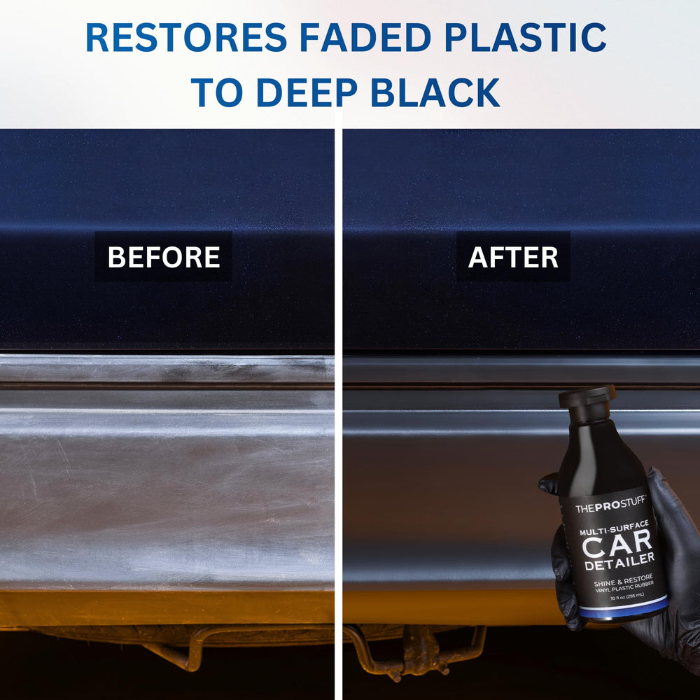 The Pro Stuff restorer swatch shows deep black rejuvenation on plastic.