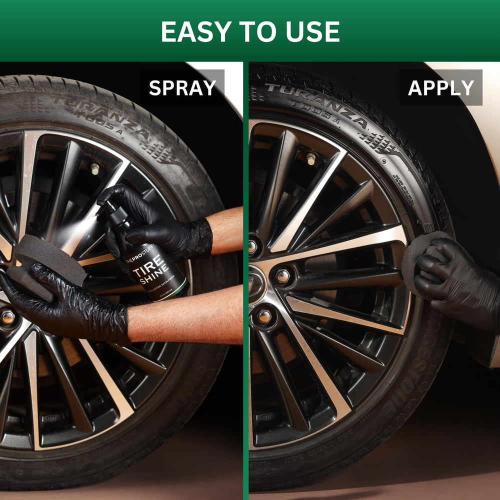 The Pro Stuff tire shine applied with a pad creates a uniform professional finish.