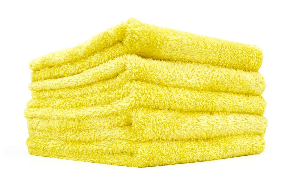 The Rag Company Eagle Edgeless 350 five-pack yellow towel for safe, lint-free detailing.