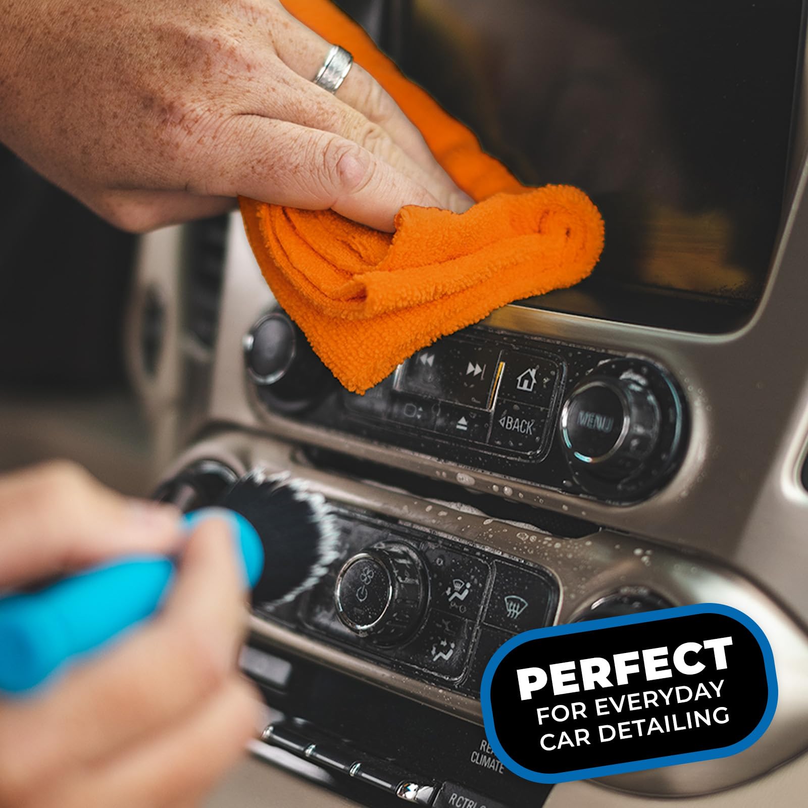 The Rag Company edgeless 365 towel car detailing closeup for chrome and wheel polishing.