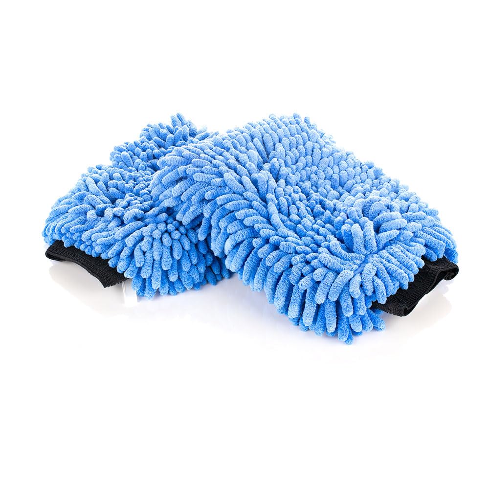 The Rag Company premium chenille wash mitt blue on hand for gentle car washing
