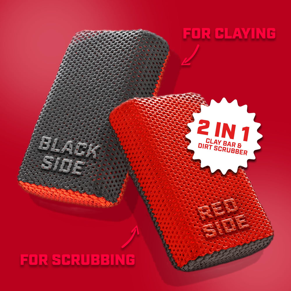 The Rag Company Reset Clay Scrubber close-up highlights blue fabric and clay-side surfaces for cleanup.