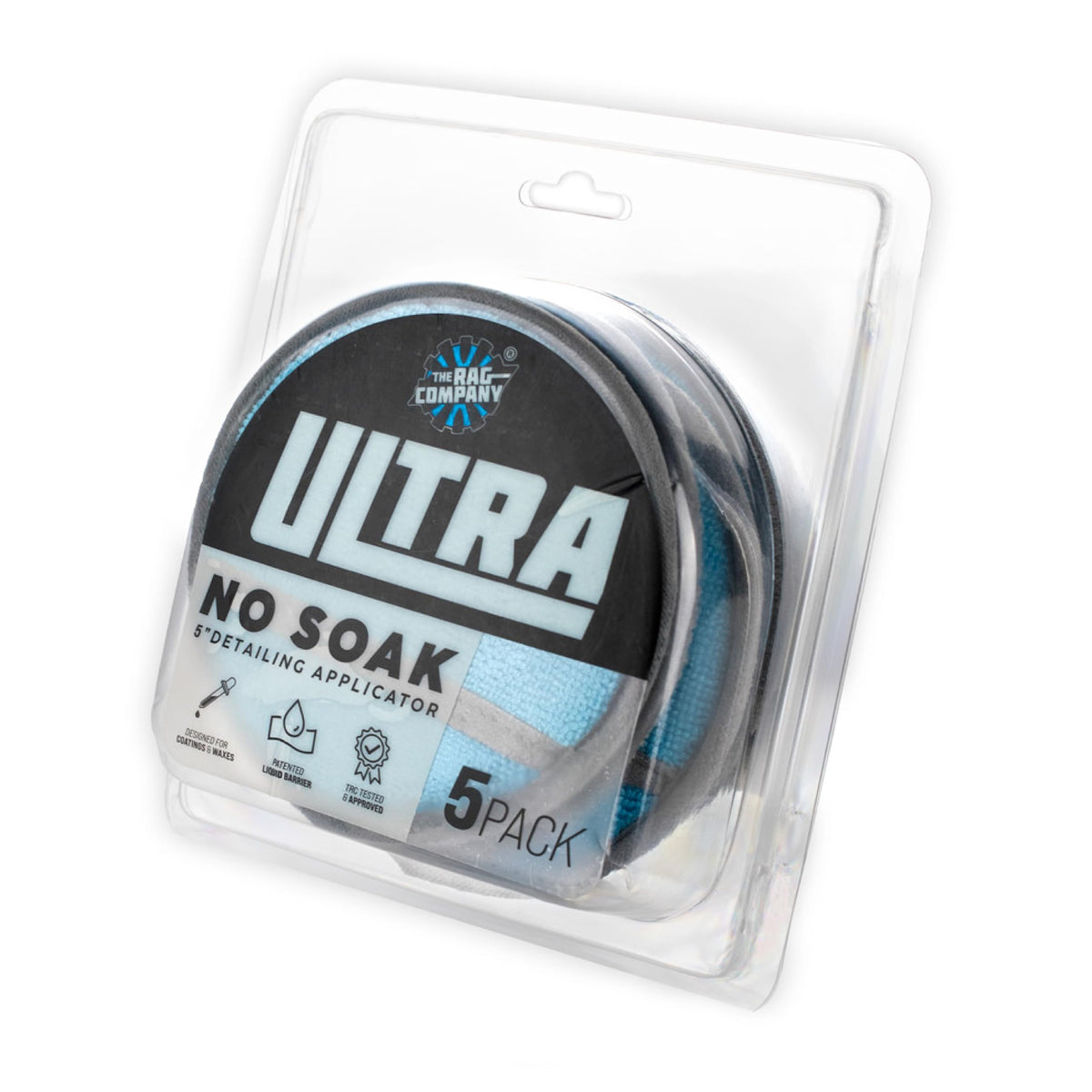 The Rag Company Ultra No Soak Round Detailing Applicator close-up showing pearl weave microfiber for smooth coatings.