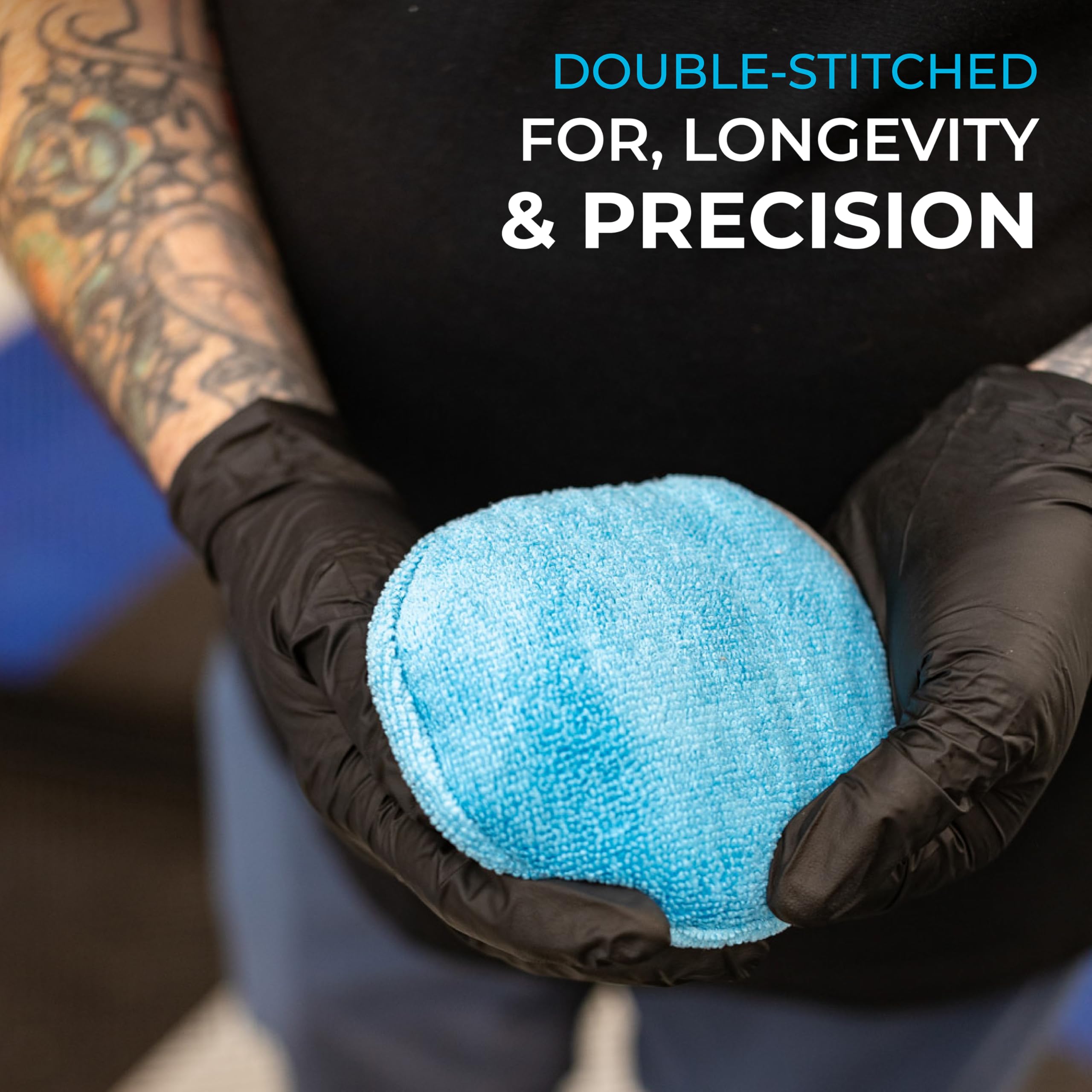 The Rag Company Ultra No Soak Round Detailing Applicator soft microfiber on leather for gentle results.