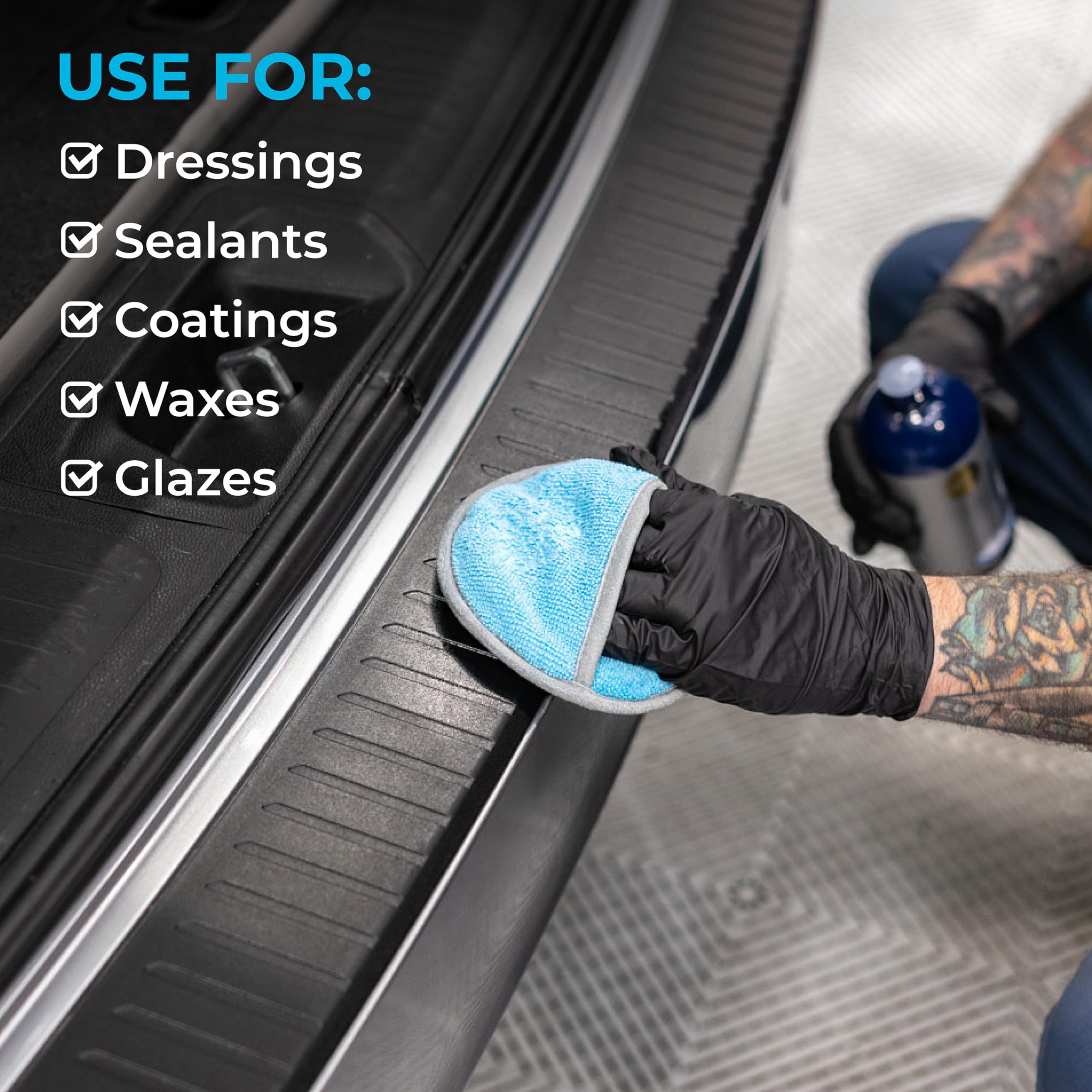 The Rag Company Ultra No Soak Round Detailing Applicator applying sealant to glass for smooth coverage.
