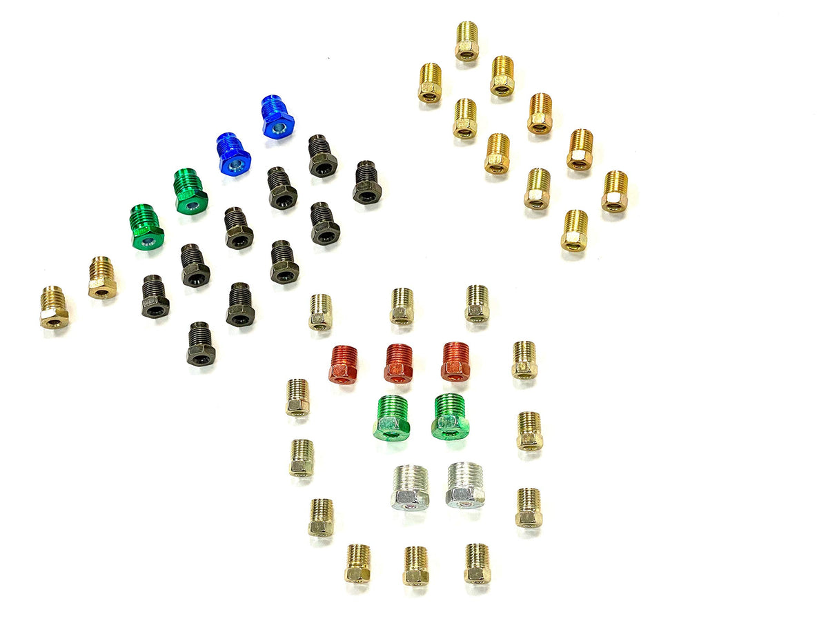 The Stop Shop inverted and bubble/ISO brake line fittings for 3/16 inch tubing for reliable connections.