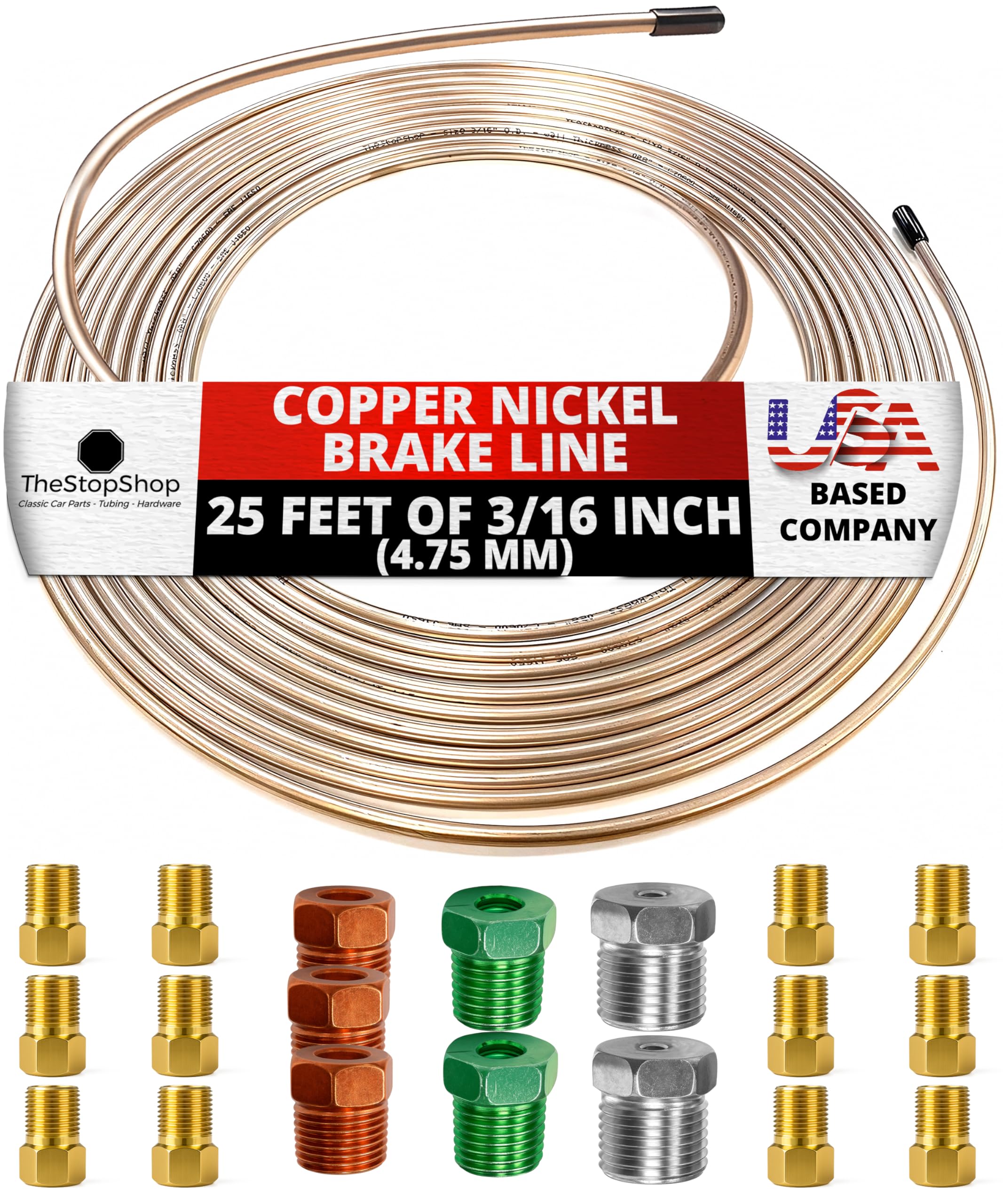 The Stop Shop copper nickel brake line 25 ft roll for versatile automotive plumbing.