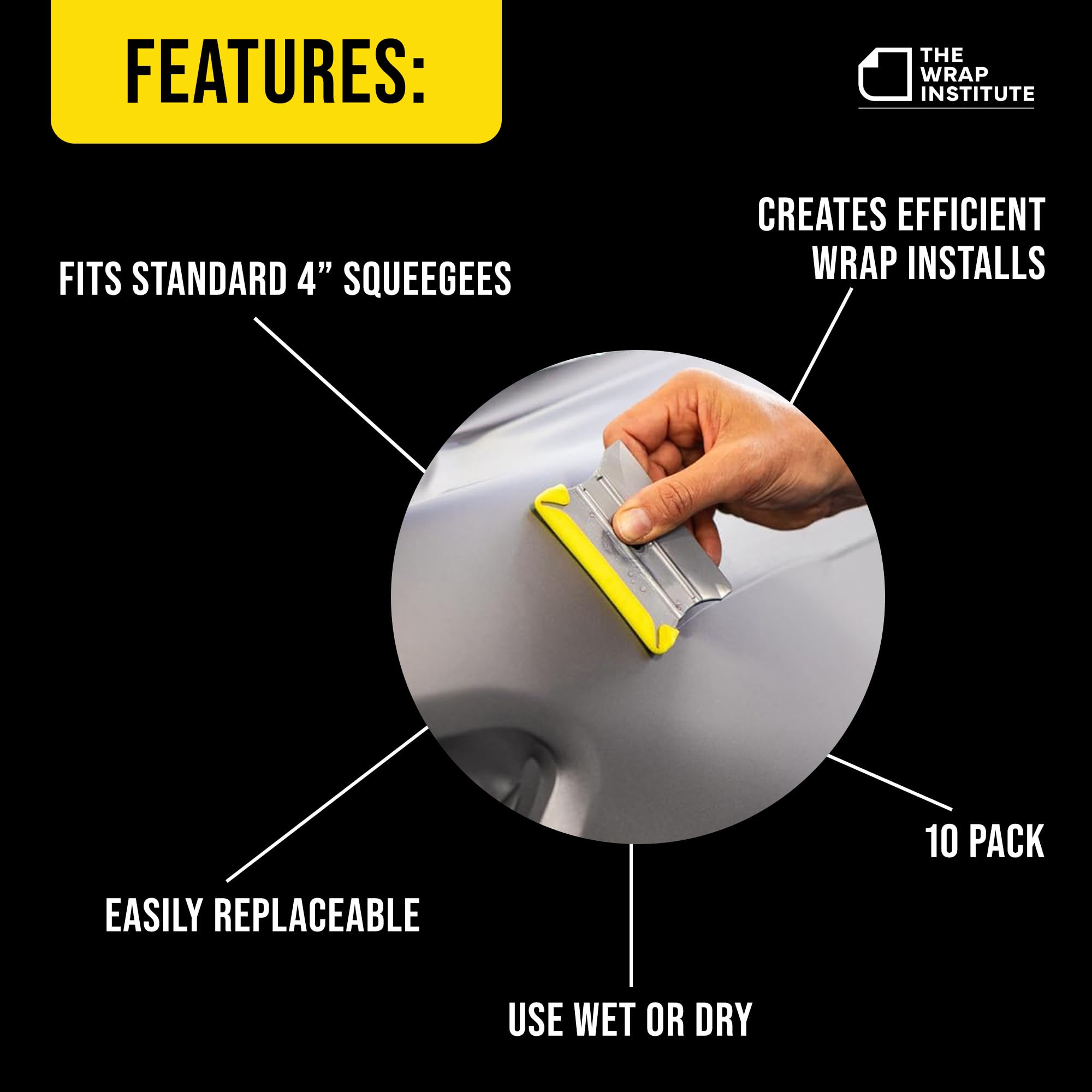 The Wrap Institute Banana Buffer demonstrates compatibility with standard 4-inch squeegees for seamless vinyl work.