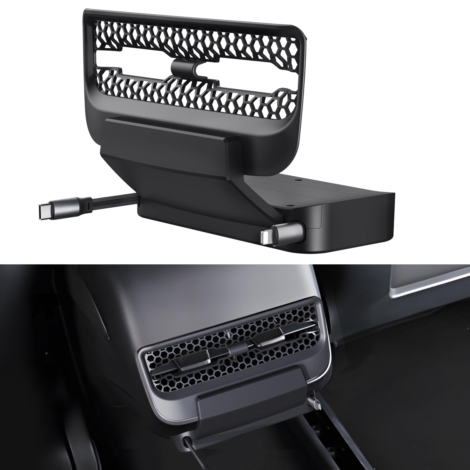 THELIFELICIOUS retractable dock fitted in a Tesla Model 3/Y cabin for tidy charging.