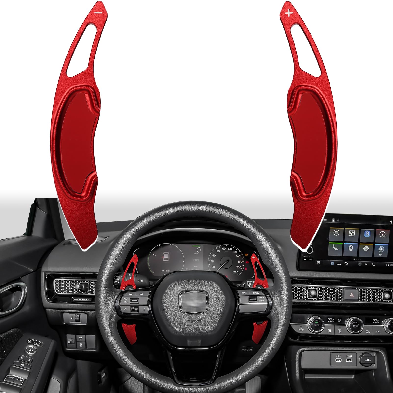 Thenice paddle shifter extension on Civic red finish enhances fingertip reach.
