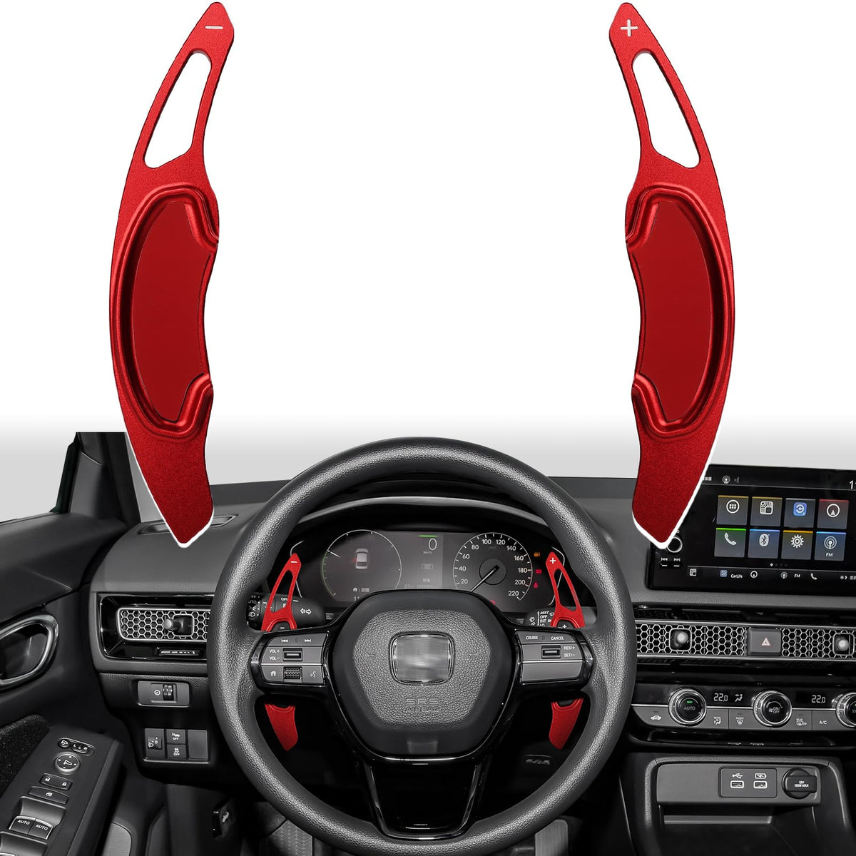 Thenice paddle shifter extension on Civic red finish enhances fingertip reach.