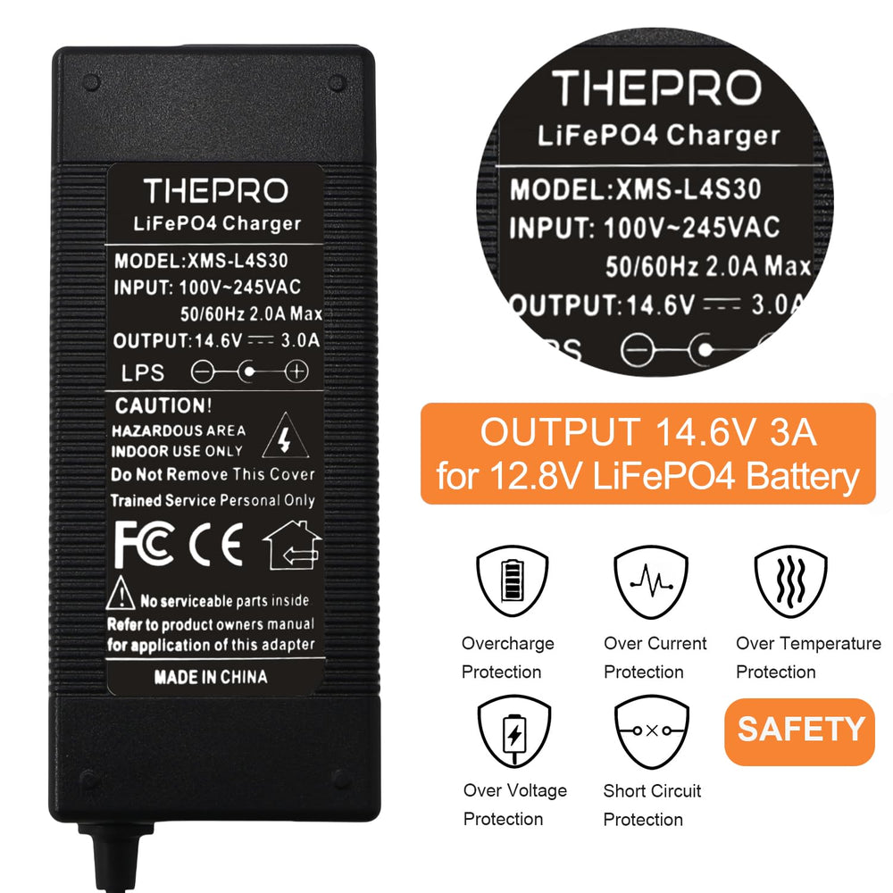 ThePRO 14.6V smart charger with LED indicators guiding safe LiFePO4 charging.