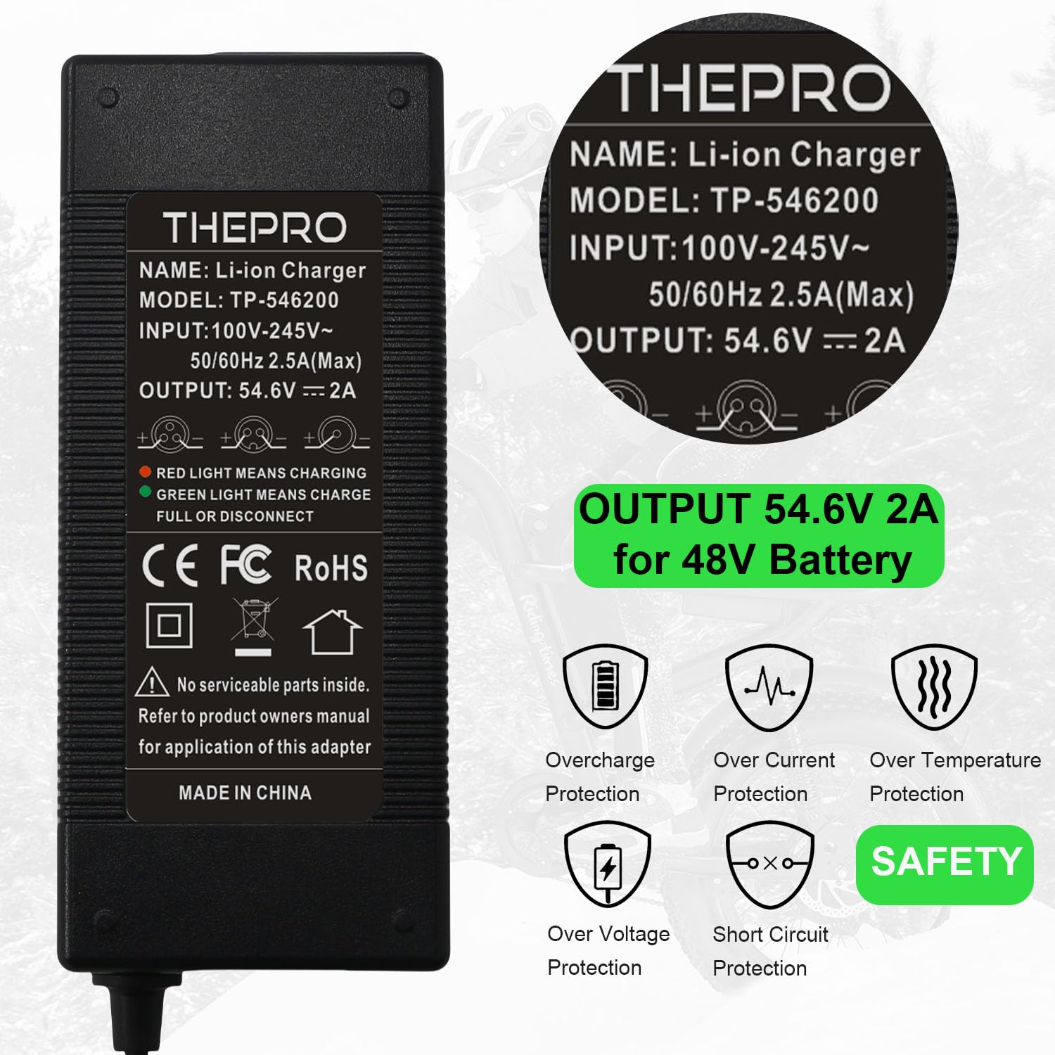 THEPRO charger features short circuit and overheat protections for safety.