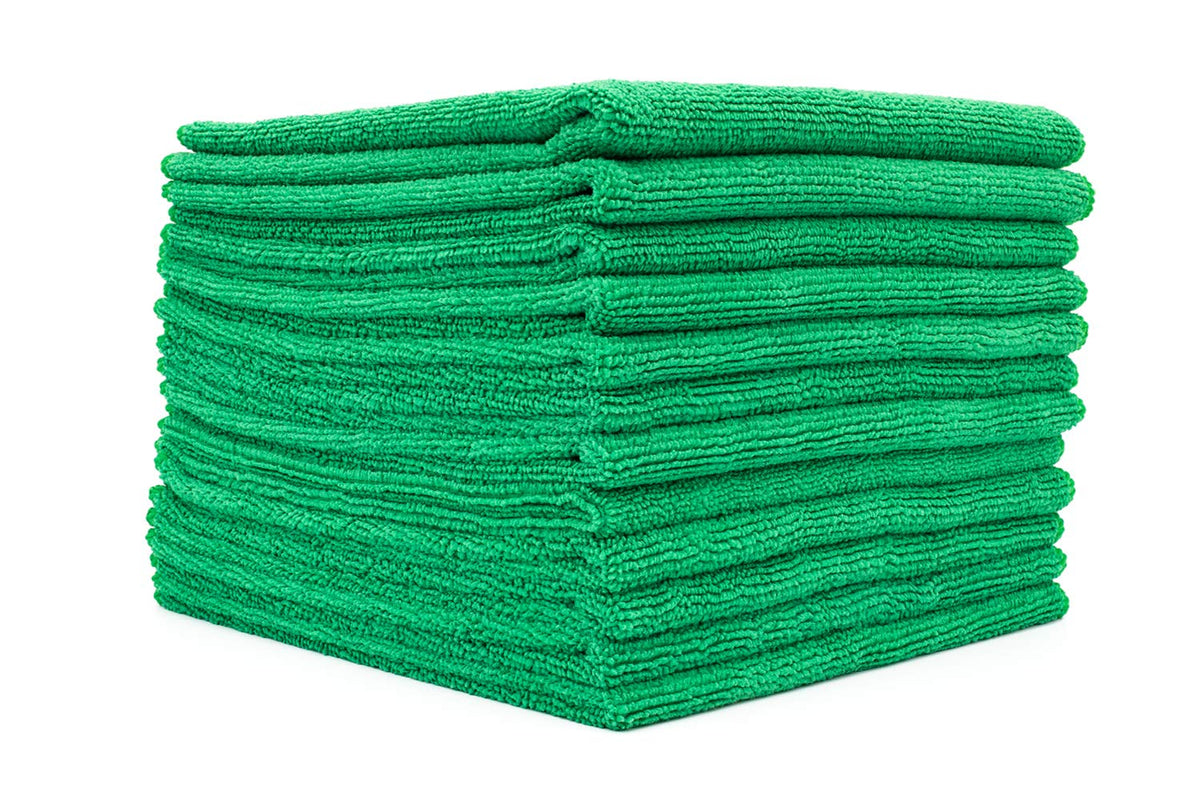 The Rag Company green 16x16 microfiber towel for streak-free kitchen surfaces.