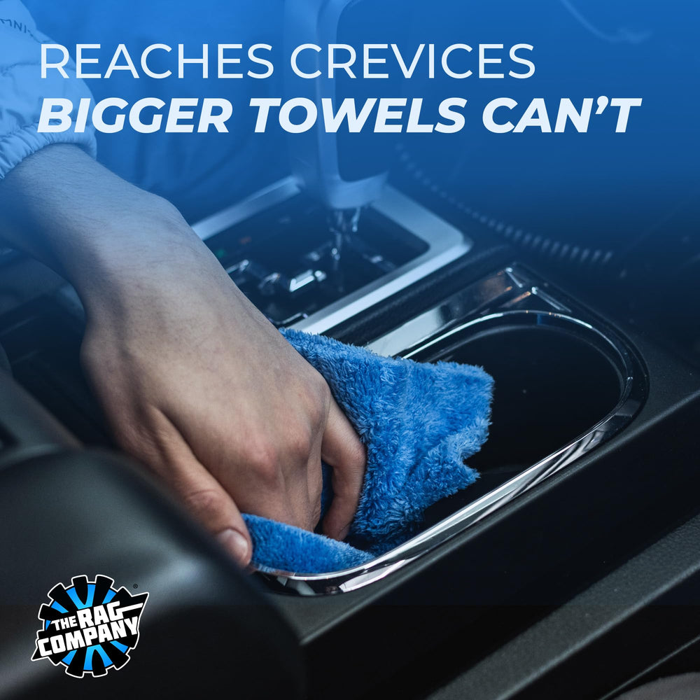The Rag Company Eaglet 500 blue 8x8 towel edge-less design for seamless buffing.
