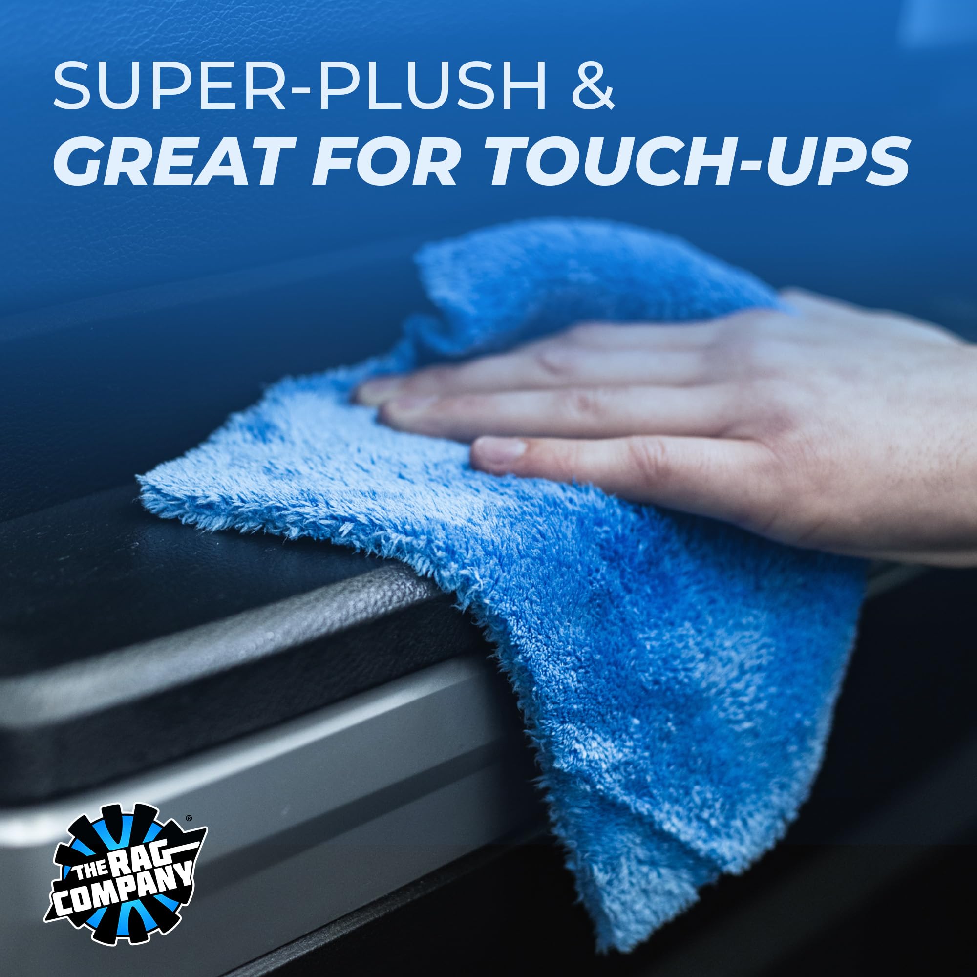 The Rag Company Eaglet 500 blue 8x8 towel keeps glass streak-free.