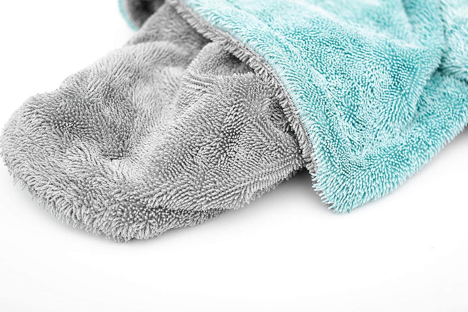 Liquid8r towel in aqua blue and grey demonstrates edge-to-edge softness on finishes.