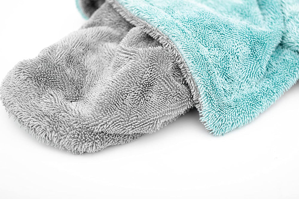 Liquid8r towel in aqua blue and grey demonstrates edge-to-edge softness on finishes.