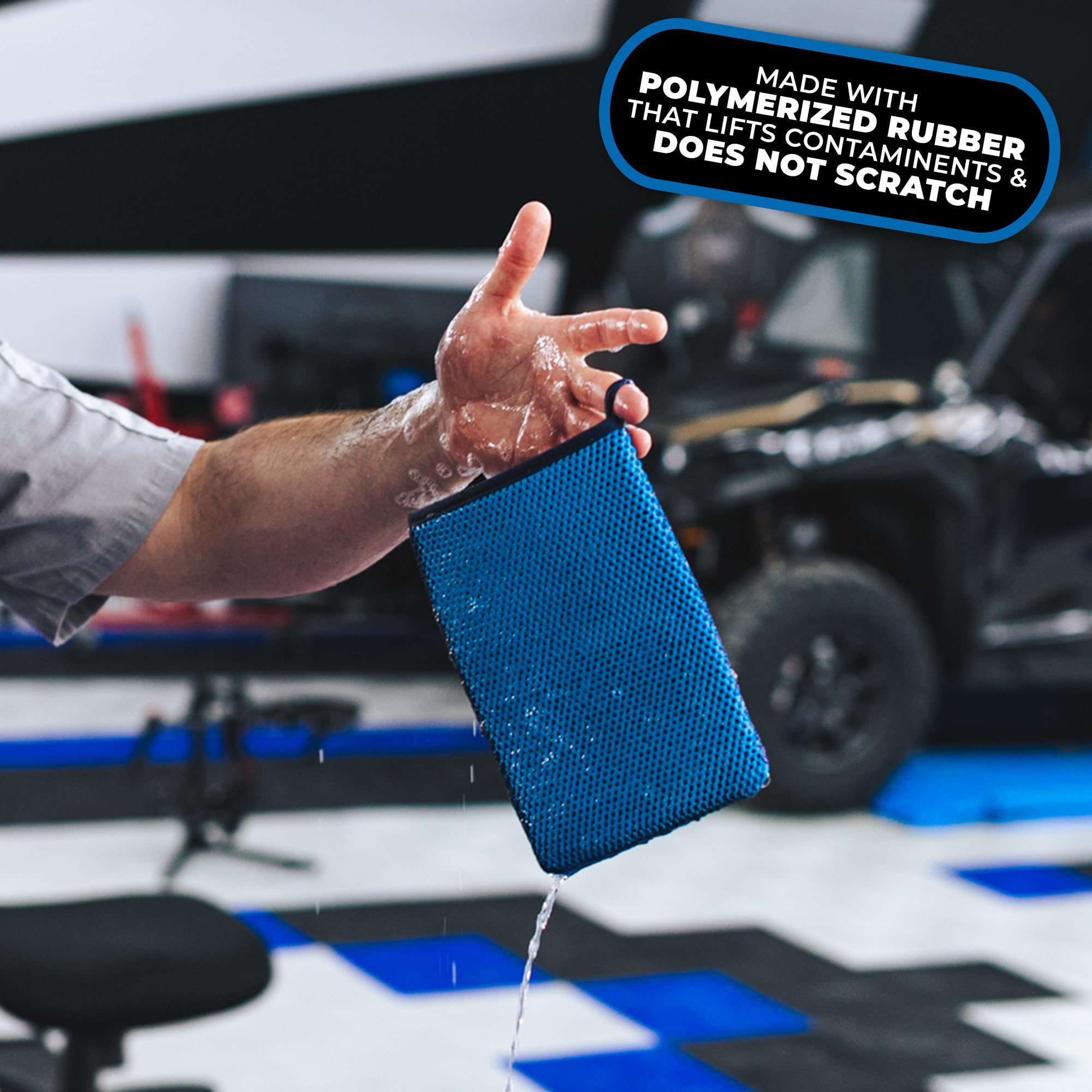 The Rag Company Ultra Clay Decontamination Mitt on car paint demonstrates contaminant removal.