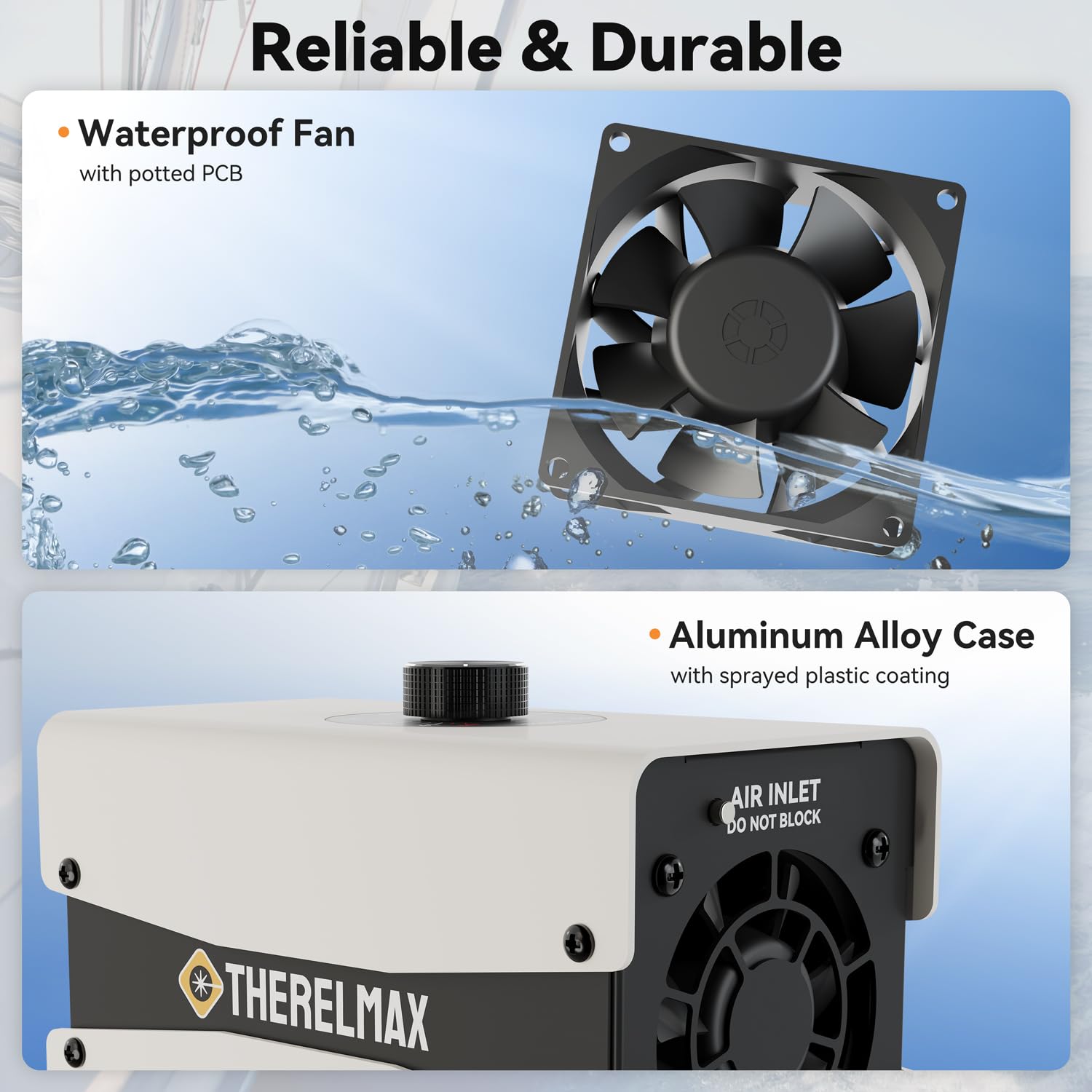 Therelmax rust-resistant aluminum housing boosts durability in marine use.